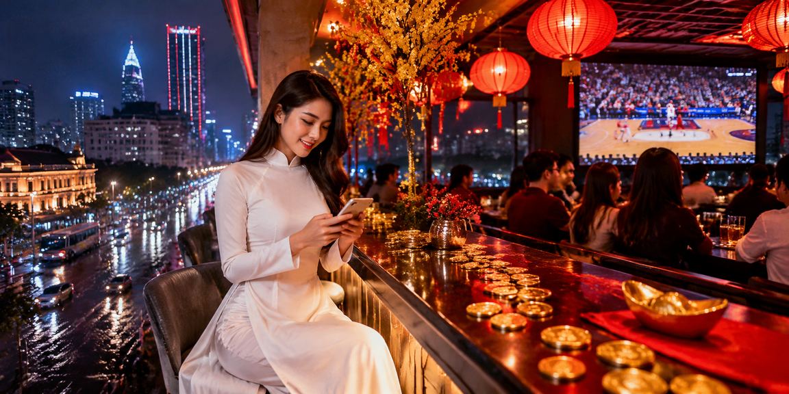 Khán giả TP.HCM mặc áo dài theo dõi trận bóng rổ và đặt cược trực tuyến qua điện thoại